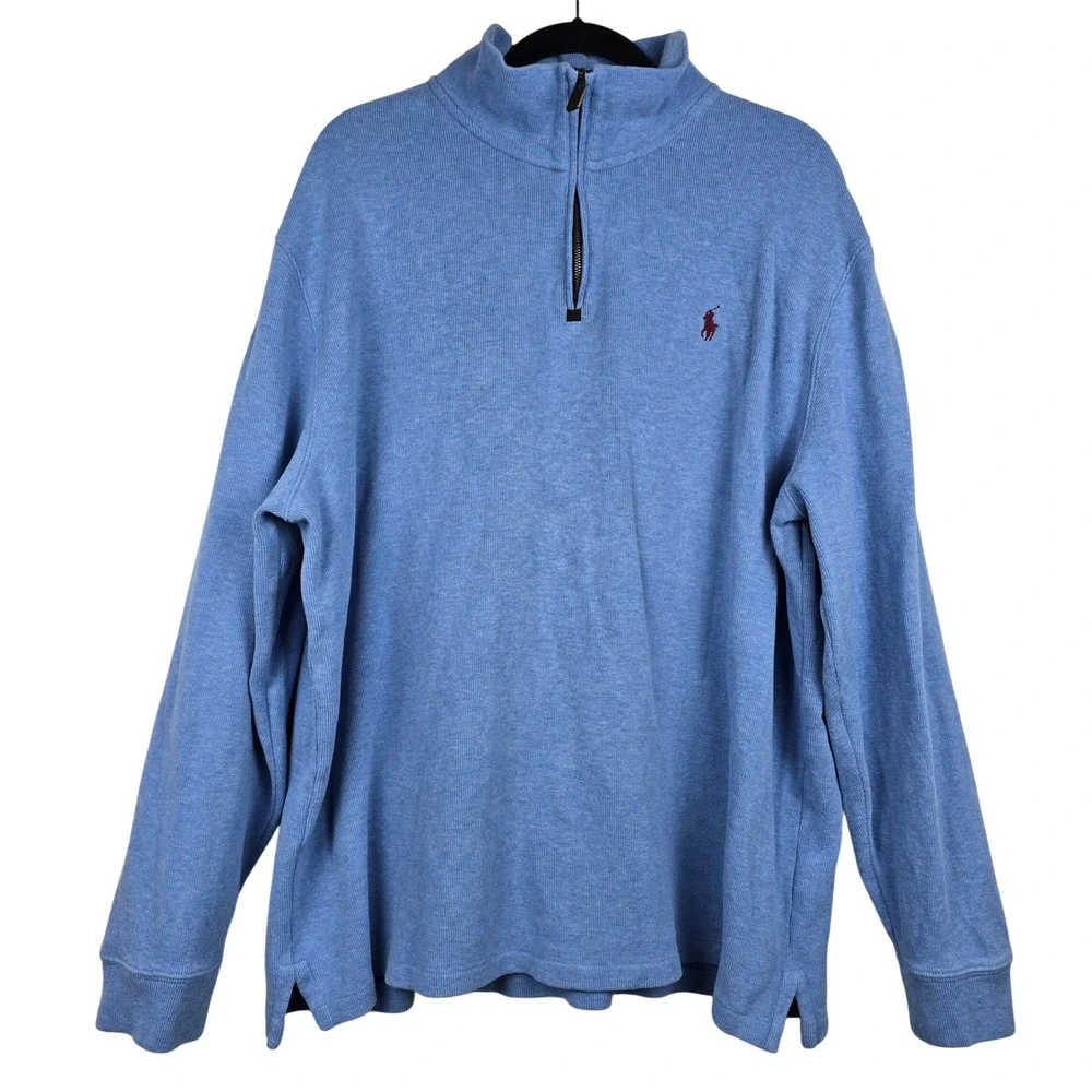 Polo‎ Ralph Lauren Mens XXL Light Blue Cotton Quarter Zip Pullover Sweater Pony
